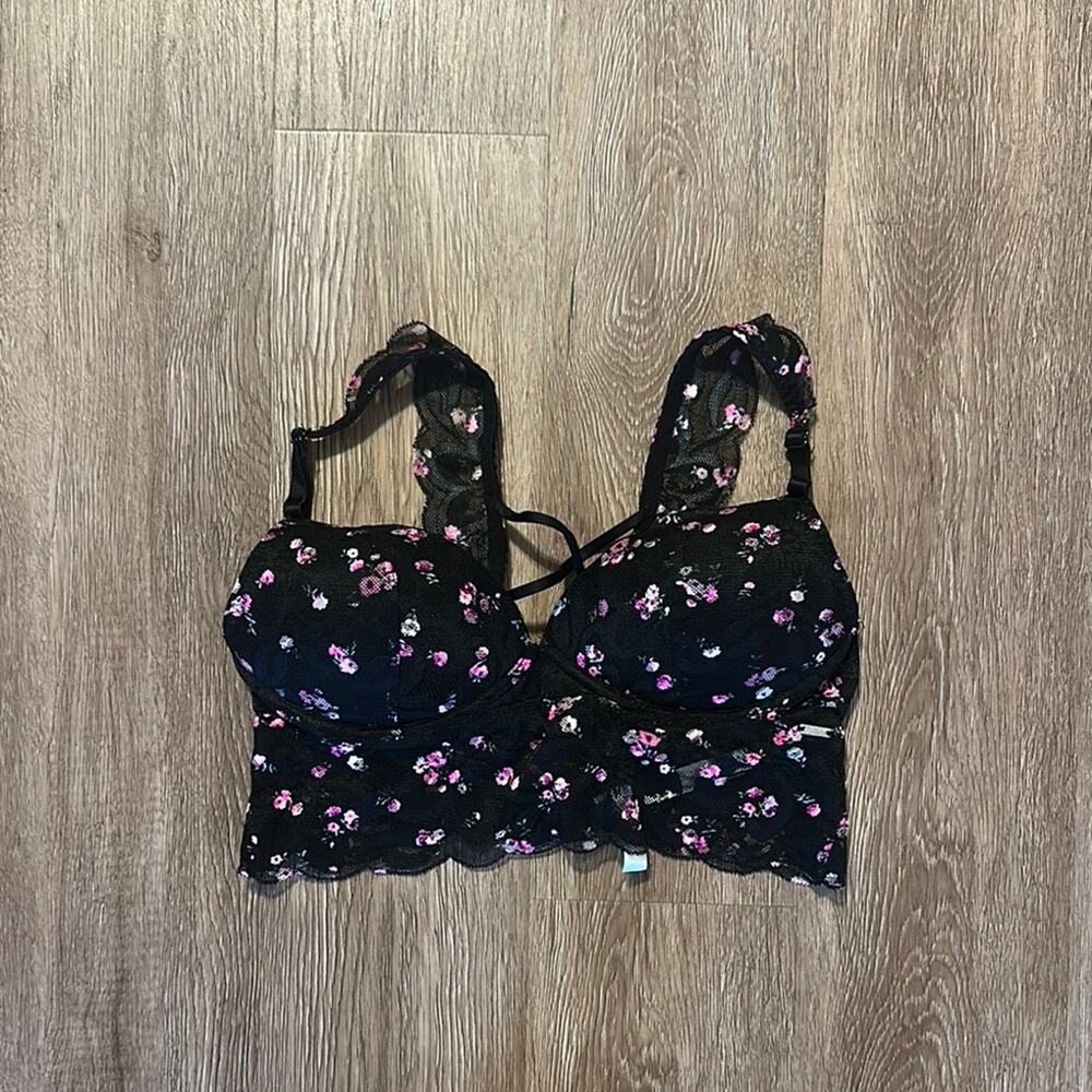 PINK VS Push Up Floral Lace Bralette Black & Pink Size Small